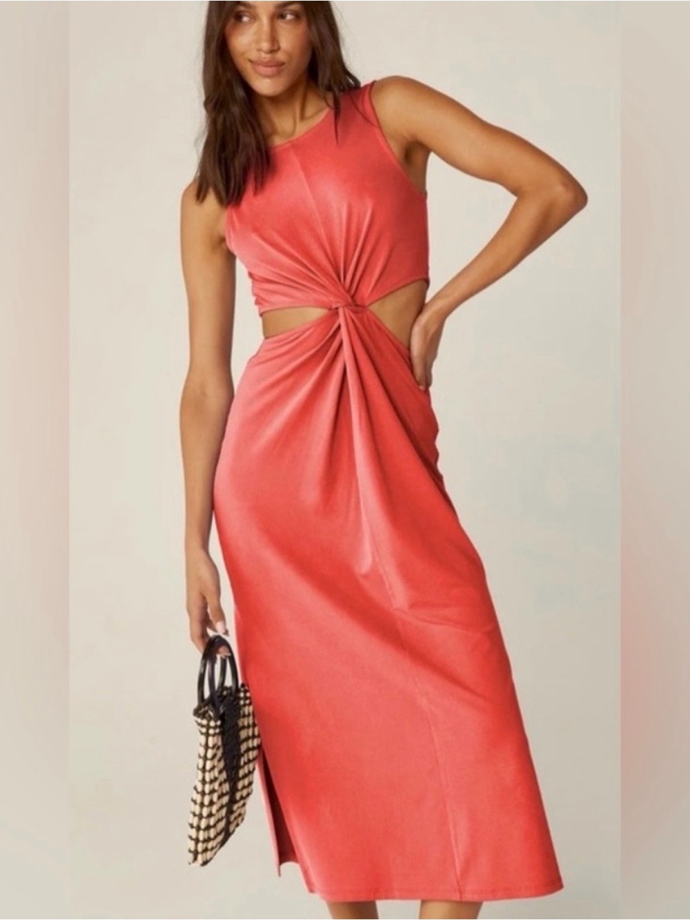 Beyond Yoga Coral Twist-Cut Midi Dress